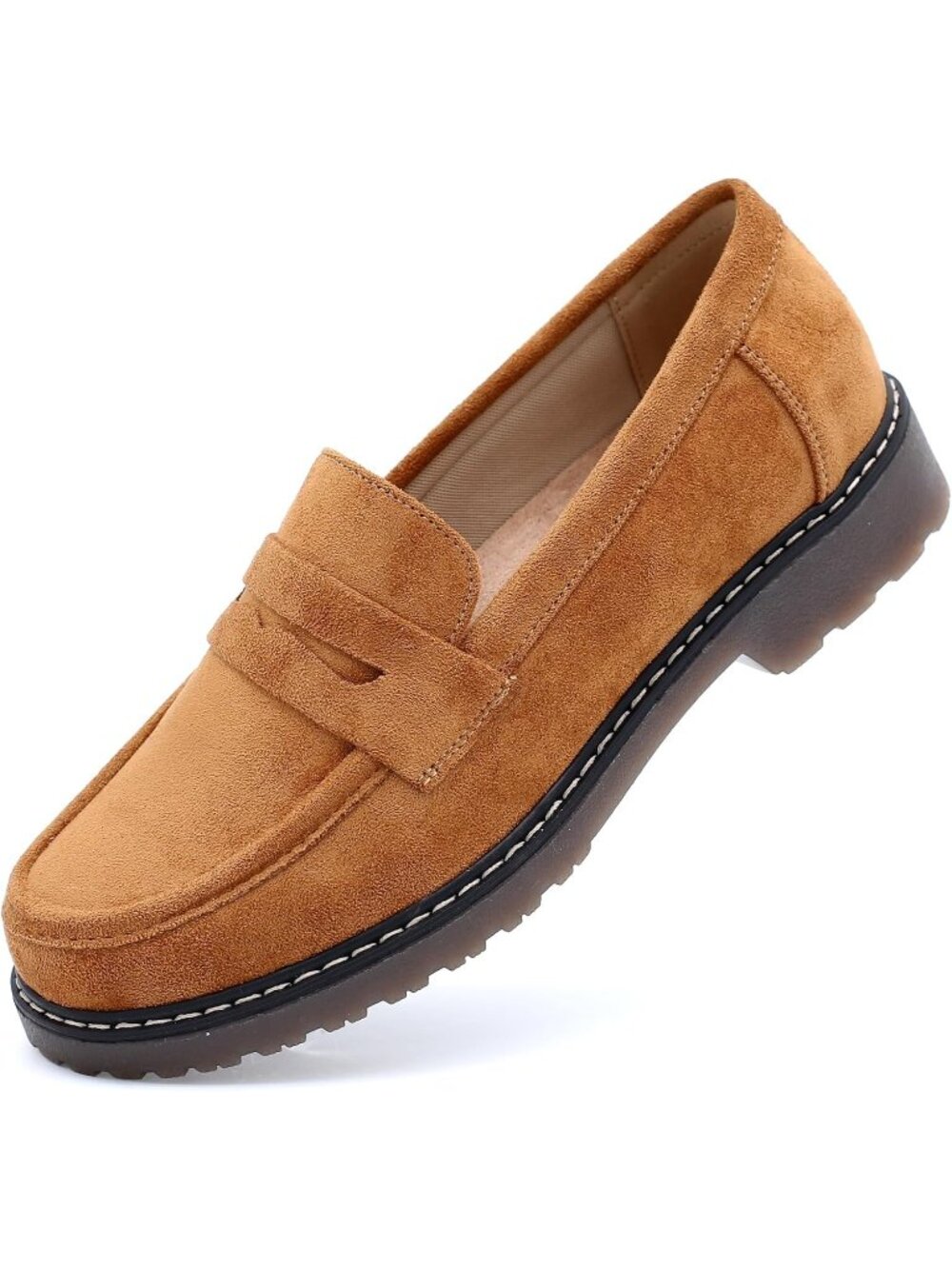 🆕Women's Suede Tan Chunky Loafers Platform Comfortable Slip-On Dressy